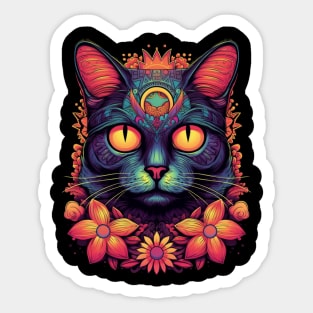 Colorful Abstract Cat and Flowers Design Sticker